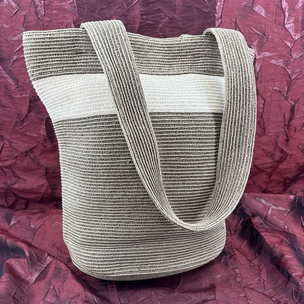 Ann Taylor LOFT Woven Crochet Hobo Bucket Bag Tote Neutral Stripe Shoulder Bag